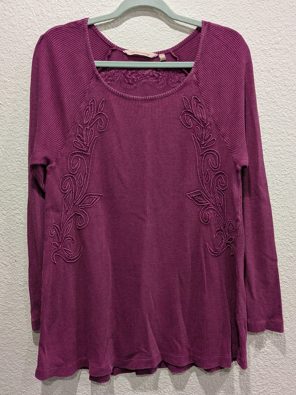 Soft Surroundings Embroidered Waffle Knit Top Small Purple Boho‎ Cotton Tunic